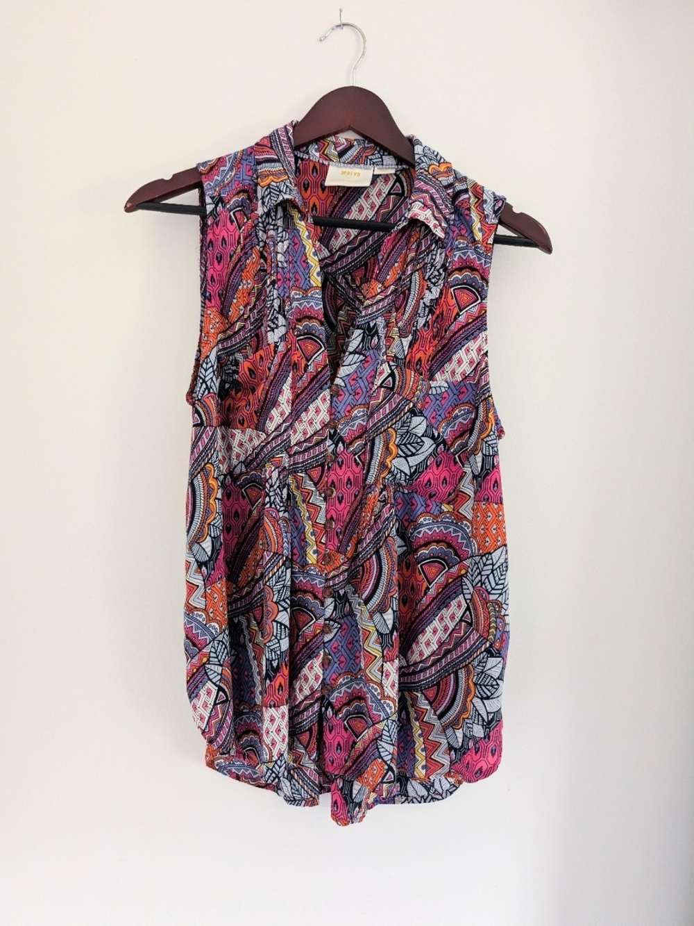 Anthropologie Maeve Bright Colorful Sleeveless Button Up Collar Top Size Large